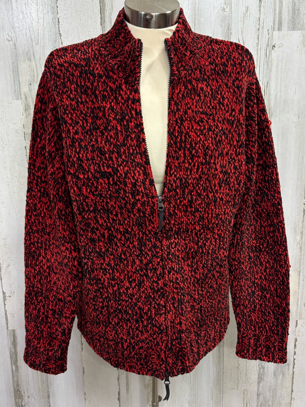 Marsh Landing Red and Black Marled Zip Front Knit Cardigan Sweater